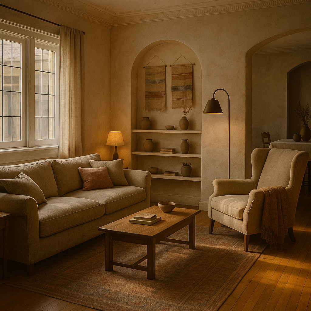 Maya's living room in restrained warm putty with two grandmother's textile hangings in the arched alcove and a small woven wall piece