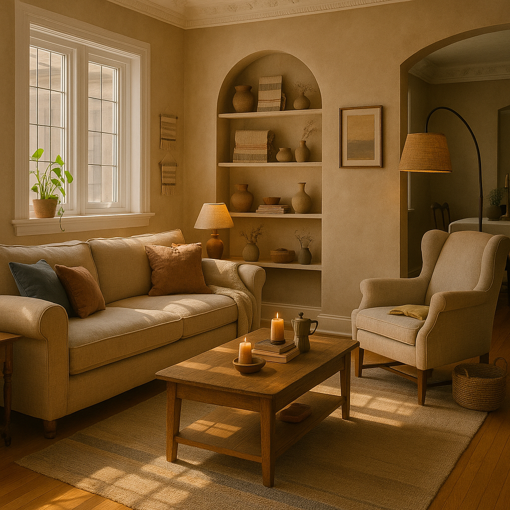 Maya's living room with multiple textile pieces displayed on alcove shelves, layered ceramics, and a deep blue pillow on the linen sofa
