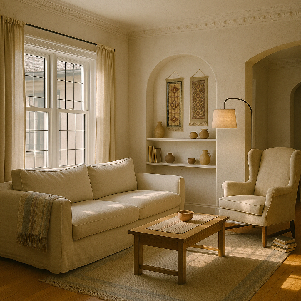 Maya's living room bathed in soft Mediterranean light through linen curtains, with woven wall hangings and earthenware on the alcove shelves