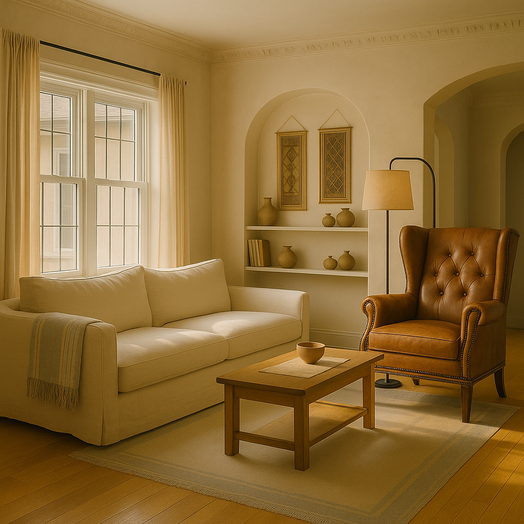 Maya's living room with her father's brown leather wingback chair tried on alongside the linen sofa